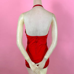 1950s Lipstick Red Faille Swimsuit w/ Heart Trim