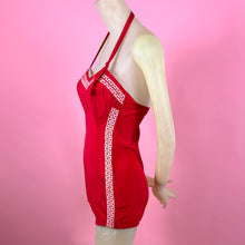 Load image into Gallery viewer, 1950s Lipstick Red Faille Swimsuit w/ Heart Trim
