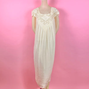 1920s "Hentriette" Weber Paris Silk Nightgown w/ Cherub Embroidered Netting & Pintucks