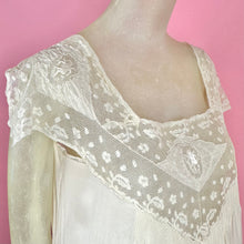 Load image into Gallery viewer, 1920s &quot;Hentriette&quot; Weber Paris Silk Nightgown w/ Cherub Embroidered Netting &amp; Pintucks
