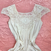 Load image into Gallery viewer, 1920s &quot;Hentriette&quot; Weber Paris Silk Nightgown w/ Cherub Embroidered Netting &amp; Pintucks
