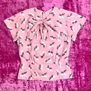 1940s Pink Rayon Blouse w/ Novelty Bow Print & Oversized Bow