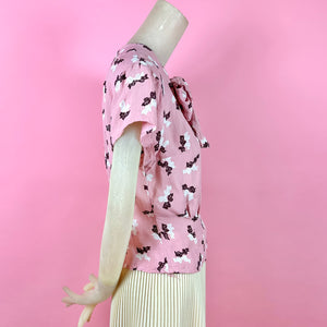 1940s Pink Rayon Blouse w/ Novelty Bow Print & Oversized Bow