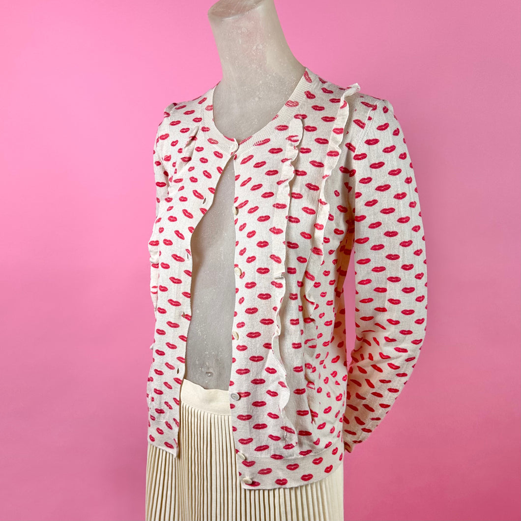 Archival Prada Lip Print Cardigan Sweater w/ Ruffles