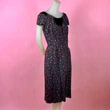 Load image into Gallery viewer, 1940s/1950s Rose Print Silk Wiggle Dress w/ Wide Velvet Neckline
