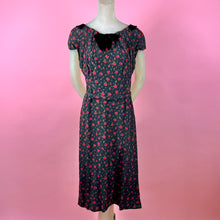 Load image into Gallery viewer, 1940s/1950s Rose Print Silk Wiggle Dress w/ Wide Velvet Neckline
