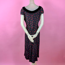 Load image into Gallery viewer, 1940s/1950s Rose Print Silk Wiggle Dress w/ Wide Velvet Neckline
