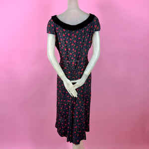 1940s/1950s Rose Print Silk Wiggle Dress w/ Wide Velvet Neckline