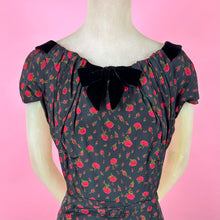 Load image into Gallery viewer, 1940s/1950s Rose Print Silk Wiggle Dress w/ Wide Velvet Neckline
