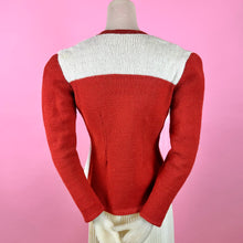 Load image into Gallery viewer, 1940s Red &amp; White Color Block Zip Up Sweater w/ Bows
