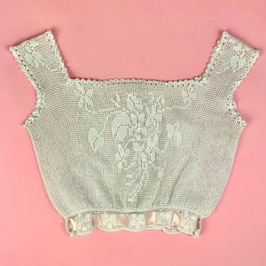 1910s Crochet Lace Corset Cover w/ Ribbons