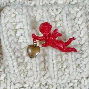 1940s Red Cherub Brooch w/ Dangling Metal Heart Charm