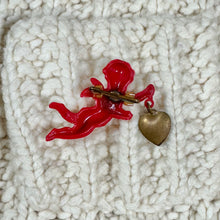 Load image into Gallery viewer, 1940s Red Cherub Brooch w/ Dangling Metal Heart Charm
