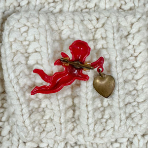 1940s Red Cherub Brooch w/ Dangling Metal Heart Charm