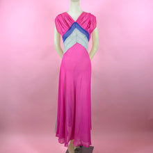 Load image into Gallery viewer, 1930s Silk Chiffon Hot Pink/ Cobalt Blue Color Block Evening Gown
