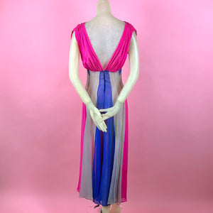 1930s Silk Chiffon Hot Pink/ Cobalt Blue Color Block Evening Gown