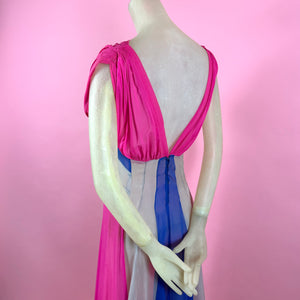 1930s Silk Chiffon Hot Pink/ Cobalt Blue Color Block Evening Gown