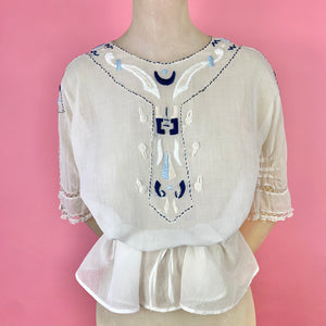 Edwardian/ 1910s Blouse w/ Masonic Sword & Moon Embroidery