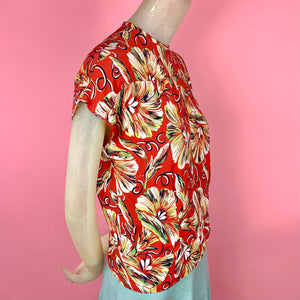 1940s Cold Rayon Tropical Floral Blouse