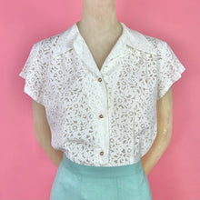 Load image into Gallery viewer, 1940s Sheer White Scroll Pattern Blouse w/ Shoulder Pads &amp; Pointy Collar
