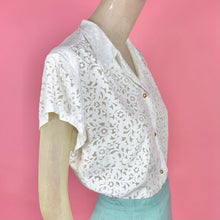 Load image into Gallery viewer, 1940s Sheer White Scroll Pattern Blouse w/ Shoulder Pads &amp; Pointy Collar
