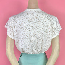 Load image into Gallery viewer, 1940s Sheer White Scroll Pattern Blouse w/ Shoulder Pads &amp; Pointy Collar
