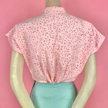 Load image into Gallery viewer, 1940s Sheer Pink Scroll Pattern Blouse w/ Shoulder Pads &amp; Tie
