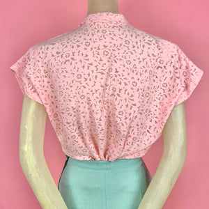 1940s Sheer Pink Scroll Pattern Blouse w/ Shoulder Pads & Tie