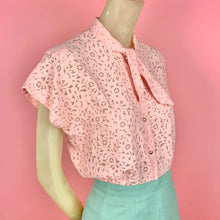 Load image into Gallery viewer, 1940s Sheer Pink Scroll Pattern Blouse w/ Shoulder Pads &amp; Tie
