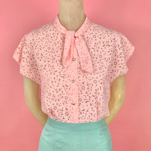 Load image into Gallery viewer, 1940s Sheer Pink Scroll Pattern Blouse w/ Shoulder Pads &amp; Tie
