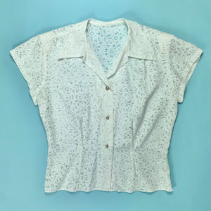 1940s Sheer White Scroll Pattern Blouse w/ Shoulder Pads & Pointy Collar