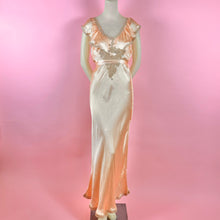 Load image into Gallery viewer, 1930s Peach Silk Charmeuse Slip Dress w/ Lace Inserts &amp; Ruffled Neckline
