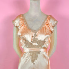 Load image into Gallery viewer, 1930s Peach Silk Charmeuse Slip Dress w/ Lace Inserts &amp; Ruffled Neckline
