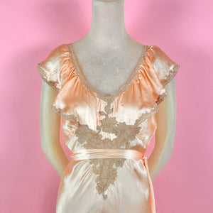 1930s Peach Silk Charmeuse Slip Dress w/ Lace Inserts & Ruffled Neckline