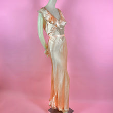 Load image into Gallery viewer, 1930s Peach Silk Charmeuse Slip Dress w/ Lace Inserts &amp; Ruffled Neckline
