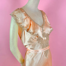 Load image into Gallery viewer, 1930s Peach Silk Charmeuse Slip Dress w/ Lace Inserts &amp; Ruffled Neckline
