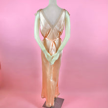 Load image into Gallery viewer, 1930s Peach Silk Charmeuse Slip Dress w/ Lace Inserts &amp; Ruffled Neckline
