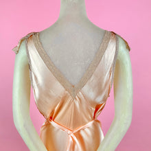 Load image into Gallery viewer, 1930s Peach Silk Charmeuse Slip Dress w/ Lace Inserts &amp; Ruffled Neckline
