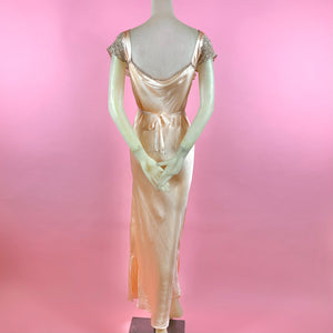 1930s Light Peach Silk Charmeuse Slip Dress w/ Contrast Thread Lace Inserts