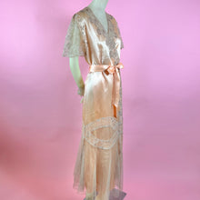 Load image into Gallery viewer, 1930s Deadstock NRA Label Peach Silk Satin Robe w/ Intricate Lace Inserts &amp; Net Skirt
