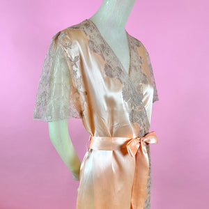 1930s Deadstock NRA Label Peach Silk Satin Robe w/ Intricate Lace Inserts & Net Skirt