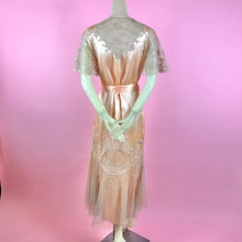 Load image into Gallery viewer, 1930s Deadstock NRA Label Peach Silk Satin Robe w/ Intricate Lace Inserts &amp; Net Skirt
