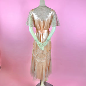 1930s Deadstock NRA Label Peach Silk Satin Robe w/ Intricate Lace Inserts & Net Skirt