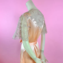 Load image into Gallery viewer, 1930s Deadstock NRA Label Peach Silk Satin Robe w/ Intricate Lace Inserts &amp; Net Skirt
