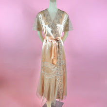 Load image into Gallery viewer, 1930s Deadstock NRA Label Peach Silk Satin Robe w/ Intricate Lace Inserts &amp; Net Skirt
