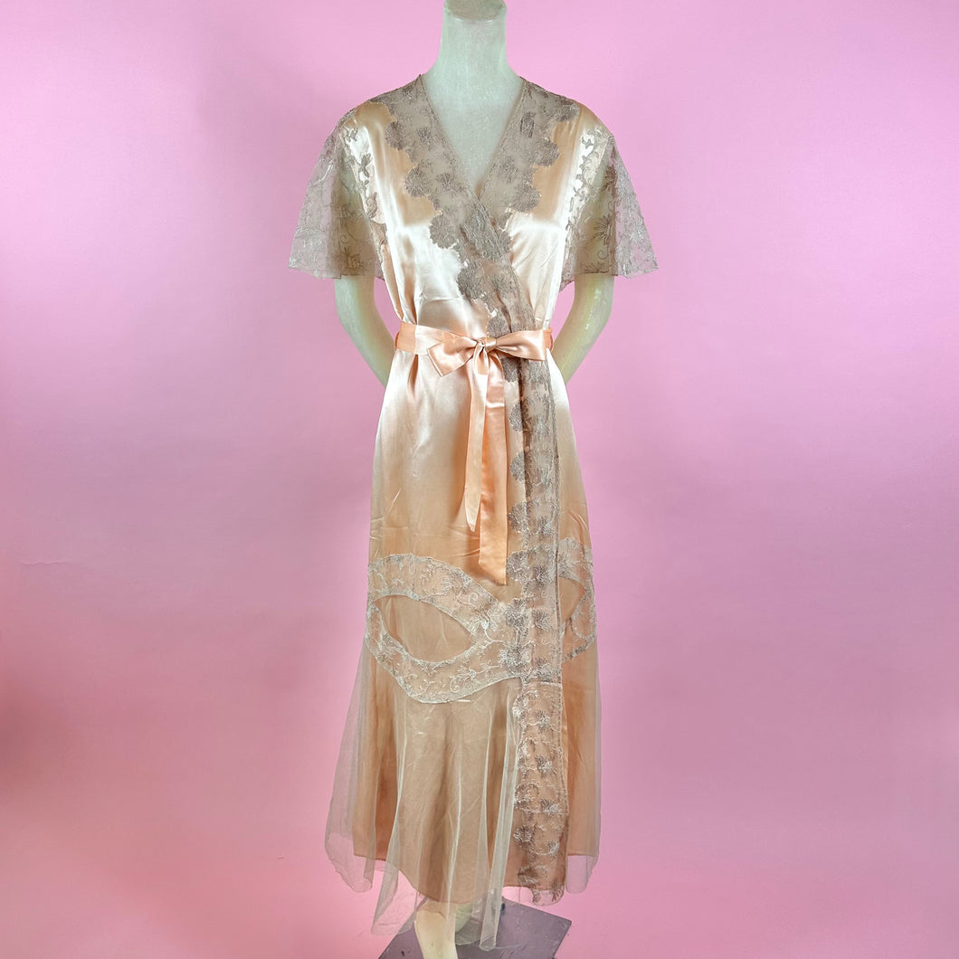 1930s Deadstock NRA Label Peach Silk Satin Robe w/ Intricate Lace Inserts & Net Skirt