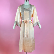 Load image into Gallery viewer, Early 1930s Light Peach Silk Robe w/ Lace Trim &amp; Kimono Sleeves
