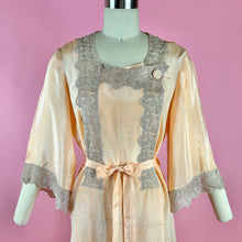 Load image into Gallery viewer, Early 1930s Light Peach Silk Robe w/ Lace Trim &amp; Kimono Sleeves
