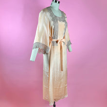 Load image into Gallery viewer, Early 1930s Light Peach Silk Robe w/ Lace Trim &amp; Kimono Sleeves
