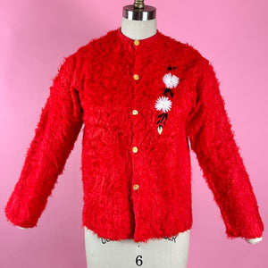 1960s Embroidered Faux Fur Cardigan Sweater